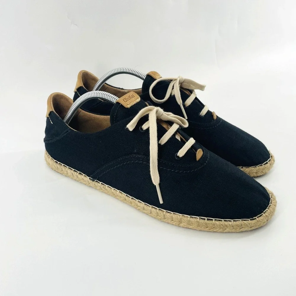 Olukai Kaula Pa'a Li Black Espadrille Sneakers Lace Up Shoes Women US 11 EU 41